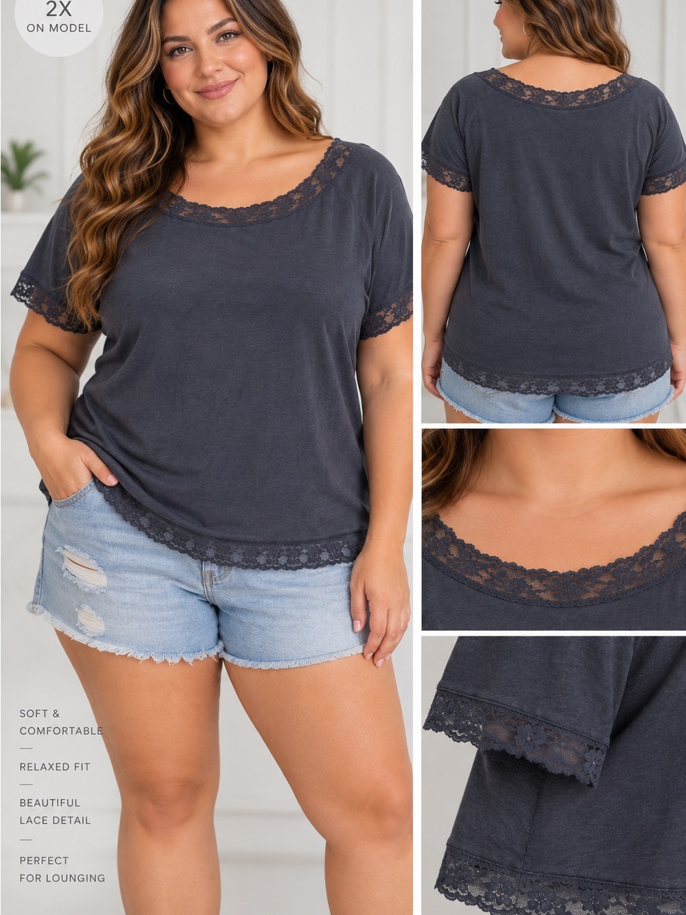 wild fable Charcoal Lace-Trim Scoopneck Tee